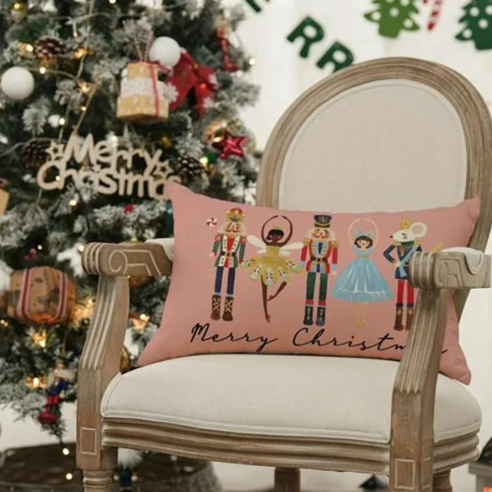 Nutcracker Christmas Pillow Cover Pink Decorative Case Accent Xmas Holiday Decor